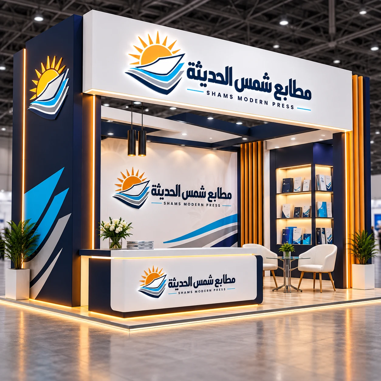 تصور ثلاثي الأبعاد لبوث معرض بشعار مطابع شمس الحديثة