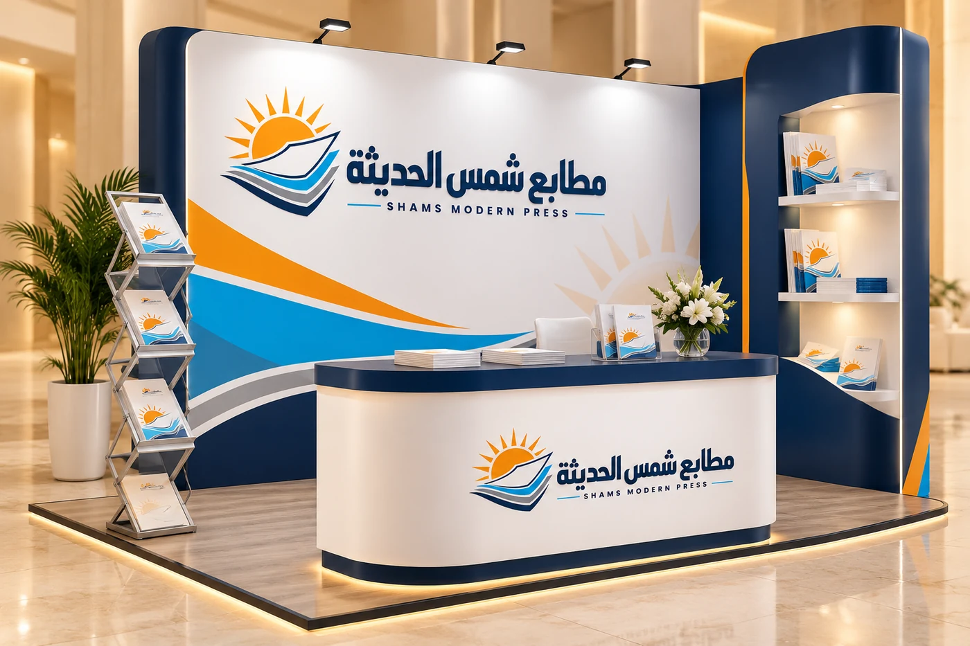 موك أب لبوث ترويجي صغير مع كاونتر وخلفية بهوية مطابع شمس الحديثة